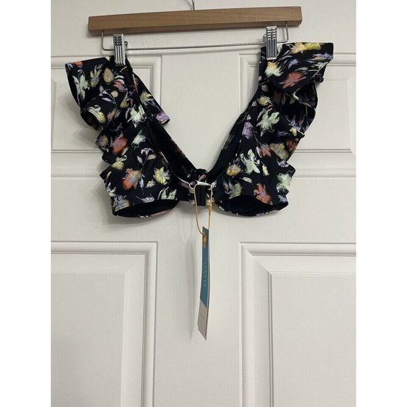 Tanya Taylor Orelia Bikini LILY HAZE BLACK Top Flutter sleeve Knott bust Size XS - Picture 3 of 4